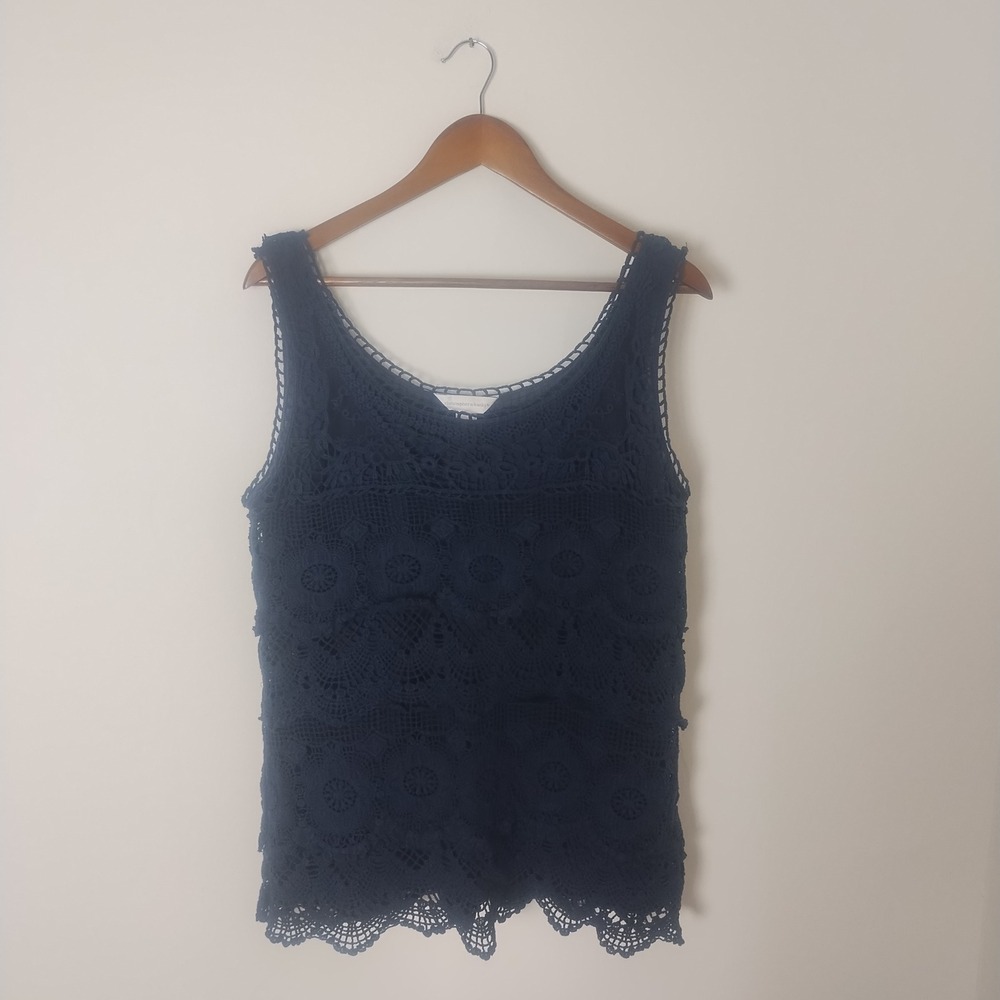Christopher & Banks Crochet Lace Tank Top Women's L Navy Blue Lined‎ Boho
